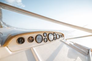 White yacht dashboard outdoors, close-up view