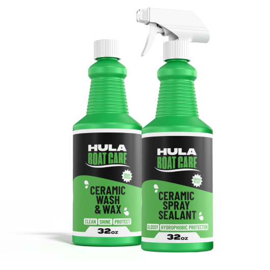 Hula Boat Care Wash and Protect Bundle featuring 32oz Ceramic Boat Wash and Wax bottle and 32oz Ceramic Spray Coating bottle side-by-side on a white background.